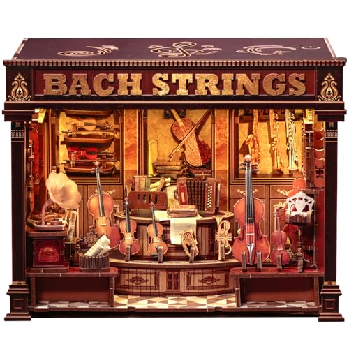 Cutefun Book Nook Kit mit LED-Beleuchtung & Staubschutzhülle - DIY Miniature House Holzmodell Puppenhaus-Bibliothek für Erwachsene | Kreatives Geschenk für Frauen/Männer (Bach Strings) von Cutefun