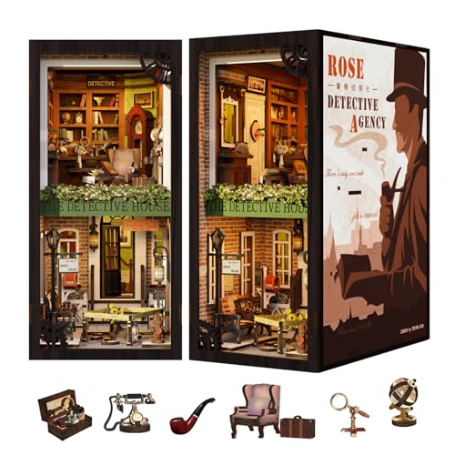 Cutefun DIY Book Nook , Miniatur Puppenhaus Kit, Bücherecke, Bookshelf Decor, Dollhouse Haus Modellbausätze mit LED Leuchten und Einsteckbar Staubschutzplatte,Rose Detective Agency von Cutefun