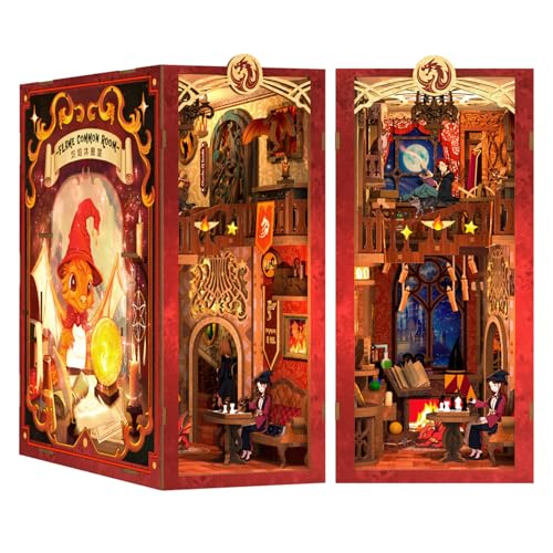 Cutefun DIY Book Nook Kit mit Einsteckbar Staubschutzplatte, Miniatur Puppenhäuser Haus Kit, Bookshelf Decor, Bücherecke, Booknook Häuser Modellbausätze mit LED Leuchten, Flame Common Room von Cutefun