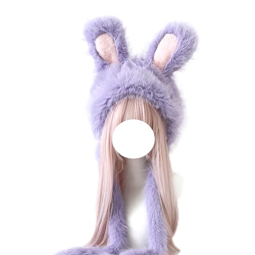 Cuteighteen Lolita Kawaii Fluffy Bunny Hut Frauen Niedlich Lustige Hasenohren Beanie Plüsch Winter Cap Ostern Kostüm Zubehör (Lila) von Cuteighteen