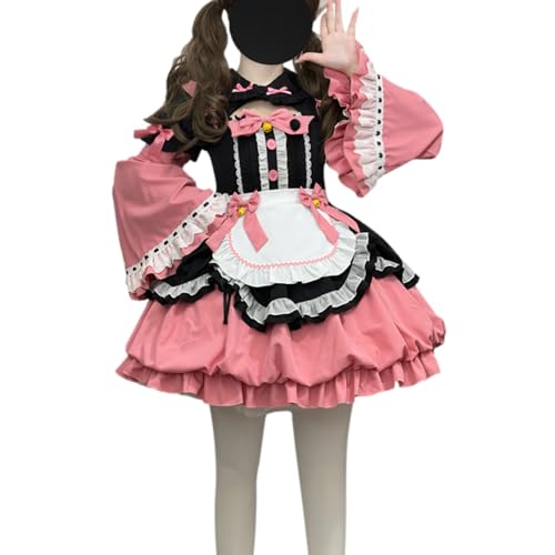 Cuteighteen Lolita Prinzessinnenkleid für Damen, Kawaii-Schleife, Dekor, Schürze, Dienstmädchen-Outfit, ausgefallenes Anime-Party, Cosplay-Kostüm (Rosa, Größe L) von Cuteighteen