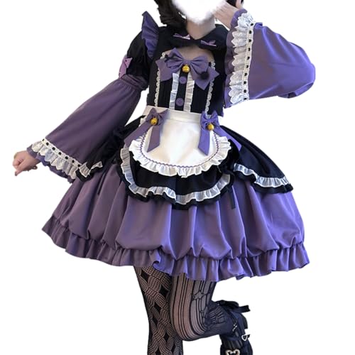 Cuteighteen Lolita Prinzessinnenkleid für Damen, Kawaii-Schleife, Dekor, Schürze, Dienstmädchen-Outfit, ausgefallenes Anime-Party, Cosplay-Kostüm (Schwarz-Lila, Größe S) von Cuteighteen