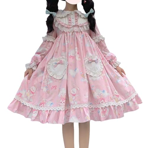 Cuteighteen Süßes Lolita-Prinzessinnenkleid für Teenager, Mädchen, niedlicher Anime-Hasen-Druck, langärmelig, Cosplay, Kostüm, Gothic, Kawaii, Partykleider (groß, Rosa) von Cuteighteen