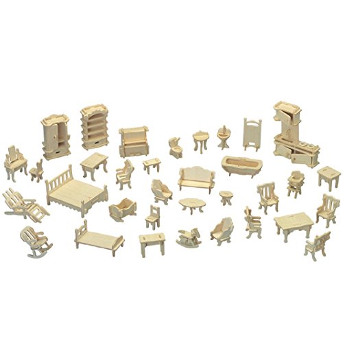Cute room Holz-Puppenhaus-Möbel – 28 Stück – geeignet für Puppenhaus, Hellbraun von CUTEROOM