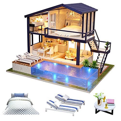 CUTEROOM DIY Holz Puppenhaus Handwerk Miniatur Kit Modell & Möbel - Time Apartment mit Schwimmbad von CUTEROOM