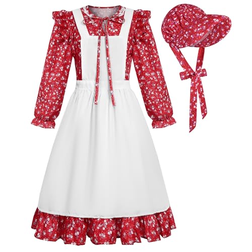 Cuteshower Kolonialkostüm für Mädchen - Wiesenkleid mit Hut - Rot - 10-12 Jahre von Cuteshower