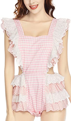 CutiePlusU Body aus Baumwolle mit Knöpfen im Schritt, Einteiler, Pyjama, Spitze, Rautenkaro, Rosa, Größe XL von CutiePlusU