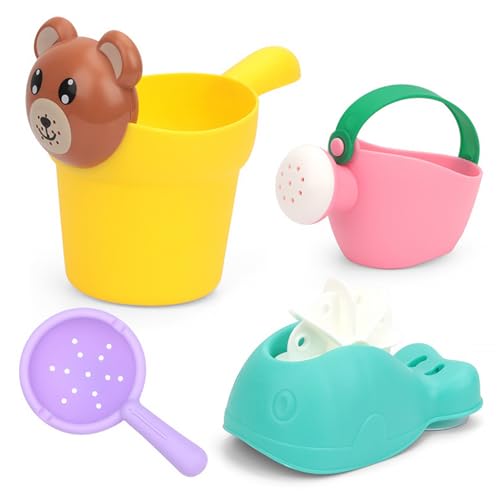 CutitiUU 4 Stück Strand Sandspielzeug für Kinder,Badespielzeug Baby ab 1 2 3 4 Jahre,Set beinhaltet: Eimer/Wal-Wasserauto/Sprinkler/Wasserlöffel,Badespielzeug Baby,Sandkasten Spielzeug (Bär) von CutitiUU
