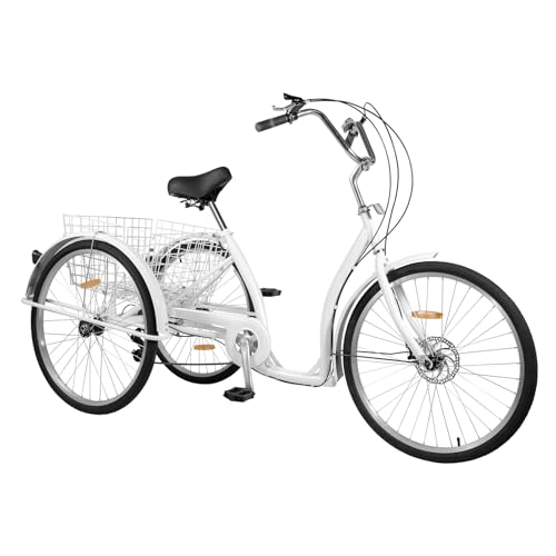 26" Dreirad für Erwachsene, 6 Gänge Seniorendreirad mit Einkaufskorb, 3-Rad-Cruiser-Fahrrad Lastenfahrrad, Premium-Einkaufsdreirad, Tricycle for Adult, Last: 120kg von Cutycaty