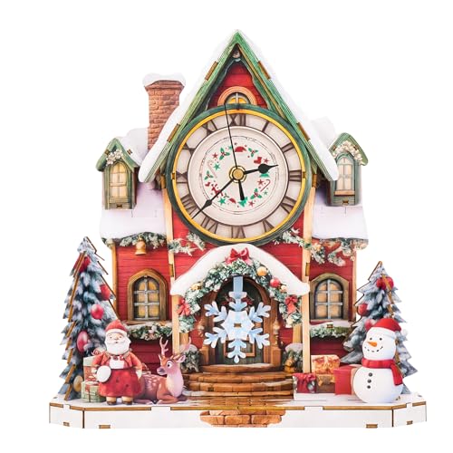 Cutywood 3D Holzpuzzle Erwachsene, 3D Puzzle Weihnachten Haus Uhr mit Römischen Ziffern, DIY Holzpuzzle Modellbausatz für Dekorationen, Geschenk für Familie und Freunde (28,9cm*29,7cm) von Cutywood