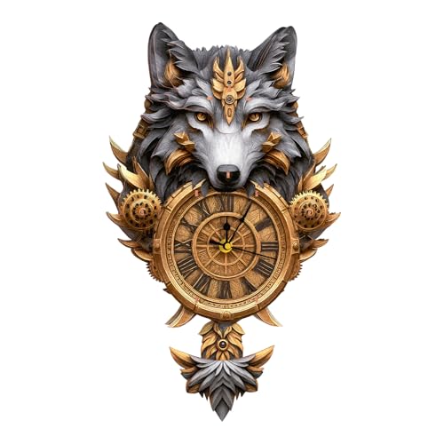 Cutywood 3D Holzpuzzle Uhr, Grauer Wolf Clock Modellbausatz, Dekorative Wand-Schreibtischuhr, Mechanisches Modell mit Pendelmechanismus, 3D Puzzle Uhren Geschenke für DIY-Liebhaber von Cutywood