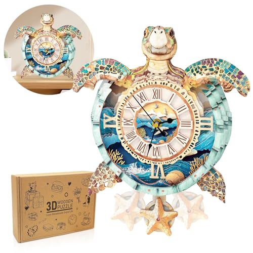 Cutywood 3D-Puzzles für Erwachsene, Schildkrötenuhr mit funktionaler Uhr, 3D-Holzpuzzle (26,2 x 30,5 cm), 3D-Puzzle, Schreibtisch/Wanddekoration, Geschenke für Freunde/Familienspielabend von Cutywood
