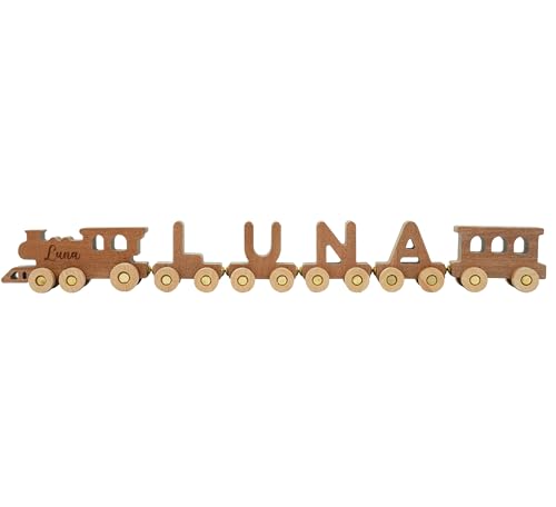 Cutywood Buchstabenzug Holz Name, Personalisiertes Holzeisenbahn Set mit Namen, Set Lok + Name（1-10 Buchstaben）+ Endwaggon, Geschenk zur Geburt Taufgeschenk Geschenk zu Einschulung für Kinder von Cutywood