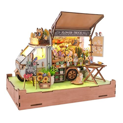 DIY Miniaturhaus Bausatz (Blumen Truck) Winzige Puppenhaus Bausätze für Erwachsene zum Bauen, Mini-Modellbausätze mit LED, Holz Bastelpuzzles, Geburtstagsgeschenke für Freunde und Familie von Cutywood