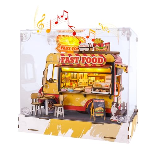 DIY Miniaturhaus Bausatz (Fastfood Truck) Winzige Puppenhaus Bausätze für Erwachsene zum Bauen, Mini-Modellbausätze mit LED&Spieluhr&Staubschutzhülle, Holz Bastelpuzzles, Geschenke von Cutywood