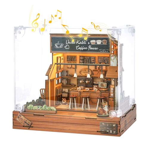 DIY Miniaturhaus Bausatz (Vintage Café) Winzige Puppenhaus Bausätze für Erwachsene zum Bauen, Mini-Modellbausätze mit LED&Spieluhr&Staubschutzhülle, Holz Bastelpuzzles, Geschenke für Familie von Cutywood