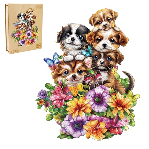 Holzpuzzle Erwachsene und Kinder, Süßer Kleiner Hund Wooden Puzzle Erwachsene (M 29 * 23cm 180 Teile) Jigsaw Puzzle Schöne Geschenkverpackung, Festgeschenk von Cutywood