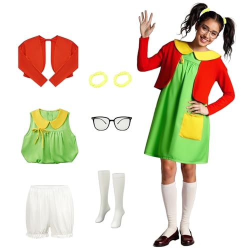 Cuzeolin La Chilindrina Kostüm Kleid für Damen, grünes Kleid, rote Strickjacke, Shorts, Brille, Halloween, Cosplay, Outfit, Größe M von Cuzeolin