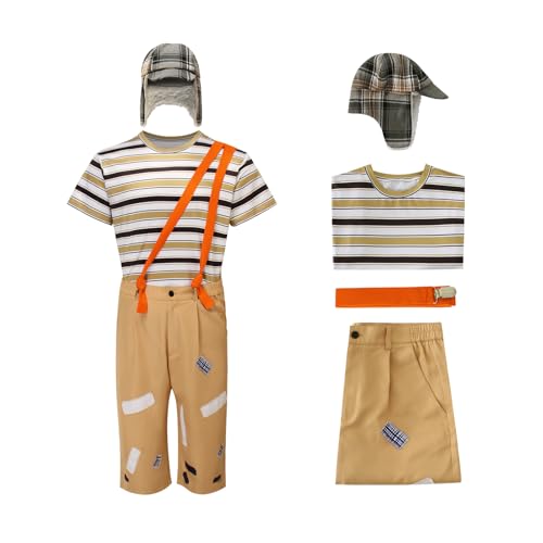 El Chavo Del Ocho Kostüm für Erwachsene, gestreift, T-Shirt, Hose, Hosenträger mit Hut, Cosplay-Uniform, Outfits, Größe M von Cuzeolin