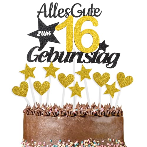 Alles Gute zum 16 Geburtstag Kuchendekoration, Gold und Schwarz, Kuchen Deko, Cake Topper 16 Jahre für Männer & Frauen Geburtstags Party Jahrestag Torte Deko Supplies von Cxryrzhe