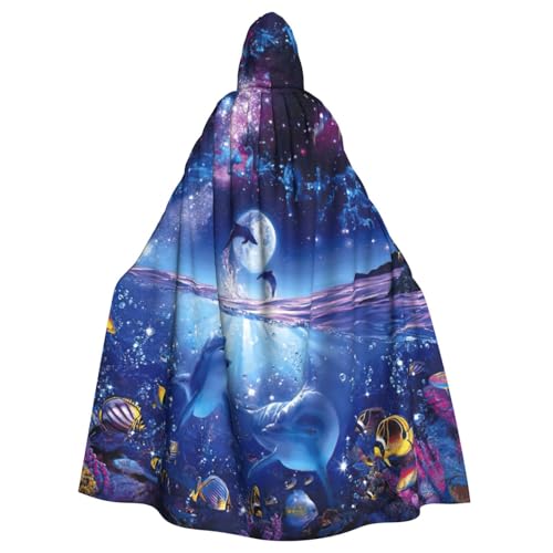 Cxzmnba Buntes Sternenhimmel, Ozean, Delfin, Unisex, Cosplay-Kostüm, Halloween, Kapuzenumhang, Umhang für Party, Verkleidung, volle Länge, Uniform-Bademantel von Cxzmnba