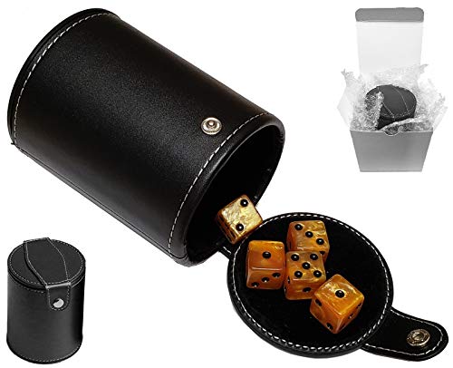 Set mit 16 mm marmorierten Würfeln und schwarzem PU-Kunstleder, samtgefütterte Würfelbecher mit Aufbewahrungsfach (Geschenkbox) (goldene Würfel, schwarze Futterschale) von Cyber-Deals