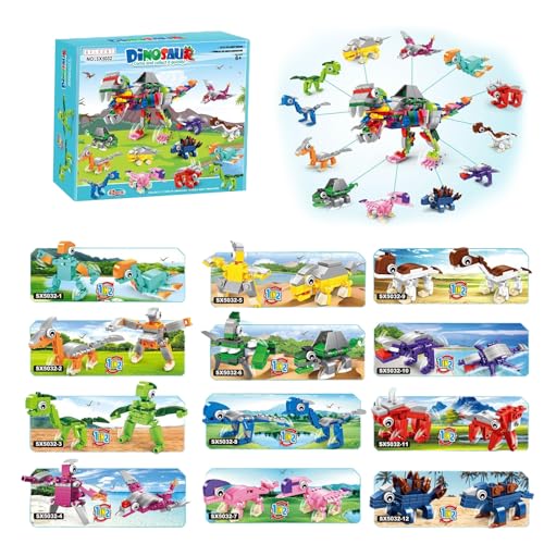 Cyiecw 12 Stück Mini Bausteine Set, 12 IN 1 Dinosaurier Kinder Spielzeug, Austauschbare Bausteine Spielzeug, Party Mitgebsel Kindergeburtstag Geschenk für Kinder ab 6 Jahre Jungen (Dinosaurier) von Cyiecw