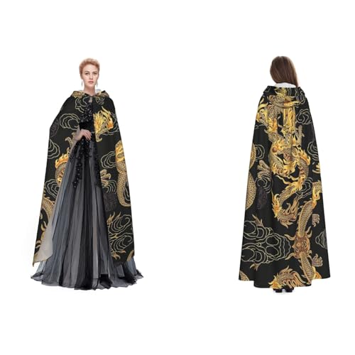 Unisex Kapuzenumhang / Umhang mit Kapuze (gelber Drache, schwarzer Hintergrund), Cosplay, Halloween, Weihnachten, Verkleidung für Erwachsene von Cykazhst