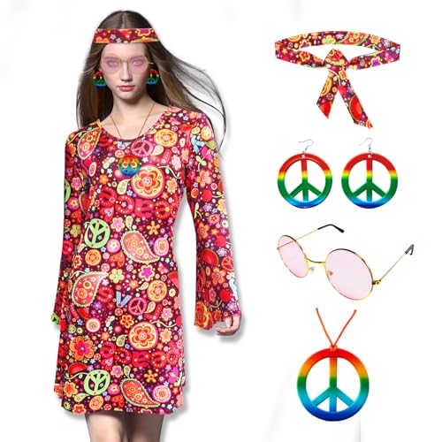Cynrikah Karneval Kostüm Damen, Karneval 2025 Outfit Frauen 50er 70er 80er Jahre Kostüm Damen Hippie Outfit mit Karneval Haarreif, Halskette, Ohrringen, Sonnenbrille, Hippie Kleid Kostüme Damen(M) von Cynrikah