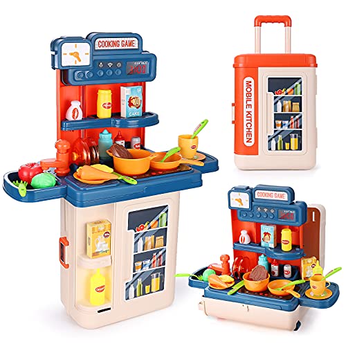 Czemo 4 in 1 Kinderspiel Küchenspielzeug Kinderküchenzubehör 41 Stück mit Ton und Licht Herd Spüle Kühlschrank Backofen Essen Küche Spielzeug Spielzeug für Jungen und Mädchen (Koffer) von Czemo