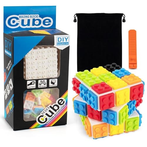 D-FantiX Bauklötze Zauberwürfel 3x3, Build-on Brick Cube 3x3x3 Speed Cube 2-in-1 Brain Teaser Puzzle mit Stein Trennhilfe Für Lego Kinder Erwachsene Magic Cube Spielzeug Geschenke (Weiß) von D-FantiX