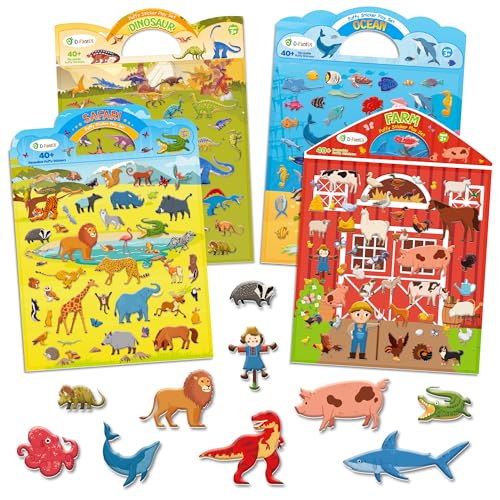 D-FantiX 3D Aufkleber für Kinder 3 4 5 6 7 8 Jahre, 4 Stück Wiederverwendbare Stickerbuch für Jungen Mädchen, Bauernhof Dinosaurier Ozean Safari, Autofahrt-Aktivitäten für Kleinkinder von D-FantiX