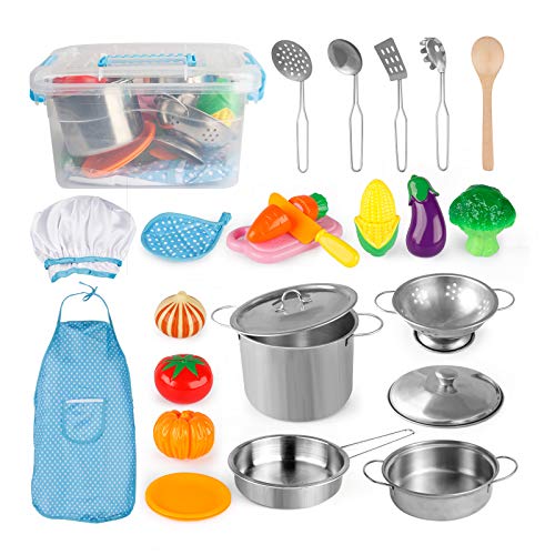 D-FantiX Spielküche Zubehör, Kinder Spielen Töpfe und Pfannen Playset mit Mini-Edelstahl Pretend Spielen Kochen Spielzeug, Schneiden von Lebensmitteln für Kleinkind Jungen Mädchen D-FantiX Spielküche Zubehör, Kinder Spielen Töpfe und Pfannen Playset mit Mini-Edelstahl Pretend Spielen Kochen Spielzeug, Schneiden von Lebensmitteln für Kleinkind Jungen Mädchen von D-FantiX