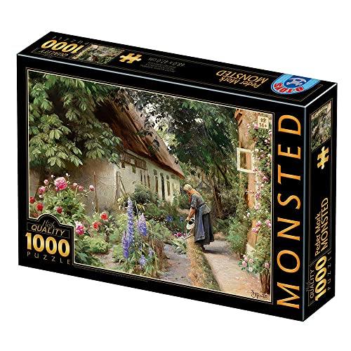 D-TOYS 77646 Puzzle 1000 Peder MØRK MØNSTED_An Old Woman Watering The Flowers Behind a Thatched Farmhouse, Multicolored von D-Toys
