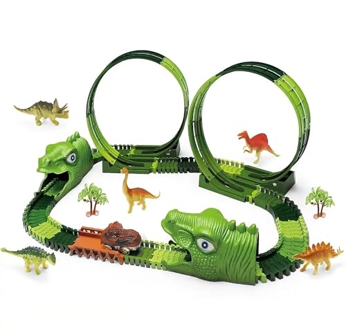 D&I Rennstrecke Dinosaurier 139 Teile XXL Autorennbahn Spielzeugauto Loopings Tunnel/Kinderspielzeug ab 3 Jahre Mädchen Jungen von D&I