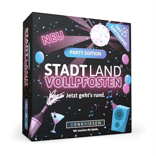 DENKRIESEN - Stadt Land Vollpfosten® – Das Kartenspiel - Party Edition - 'Jetzt geht's rund.' | Reisespiel | 200 Kategorien | ab 12 Jahren | 3-6 Spieler | Partyspiel | Stadt Land Fluss von DENKRIESEN