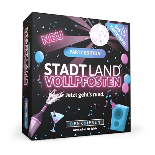 DENKRIESEN - Stadt Land VOLLPFOSTEN® – Das Kartenspiel – Party Edition Jetzt geht's rund. | Familienspiel für Spieleabend | Gesellschaftsspiel | Geschenkidee | Partyspiel von DENKRIESEN