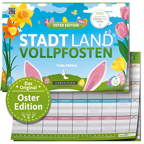 DENKRIESEN - Stadt Land VOLLPFOSTEN® - Oster Edition - 'Volle Möhre.' - DIN A4 Spielblock | ab 9 Jahren | 50 Blatt | Familienspiel | Ostergeschenk für Kinder & Erwachsene | Spaß vorprogrammiert von DENKRIESEN