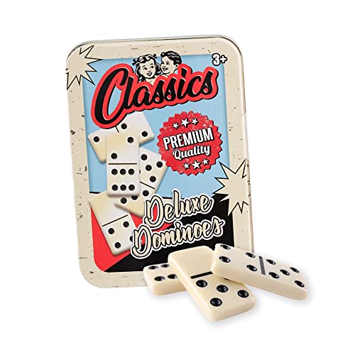 Classic Dominoes, 28 Stück Retro Deluxe Domino Spiel, Traditionelles Set im Old School Design Geschenk Tin Case für Kinder und Erwachsene, Schwarz und Creme, Premium Qualität von D.A.Y. Republic