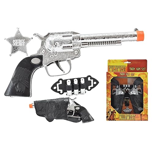 Wild West Cowboy Sheriff Twin Gun Dress Up Set Komplett mit Holster Gürtel mit zwei Spielzeugpistolen, Kugeln und Abzeichen, Kinder Pretend Rollenspiel Verkleidung Spielset (10 Stück Wild West Cowboy von D.A.Y. Republic
