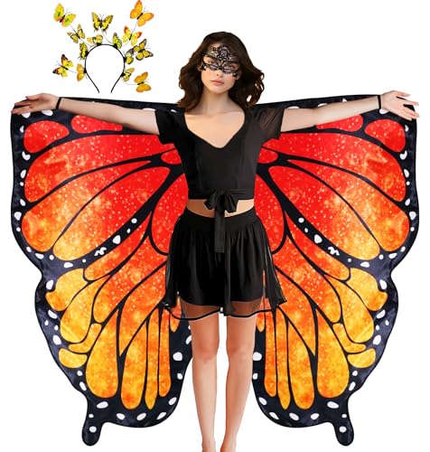 D.Q.Z Doppelseitige Schmetterlingsflügel für Damen und Mädchen, Cosplay, Fee, verträumte Verkleidungsflügel, Schals für Erwachsene, Halloween-Party (Flammenorange) von D.Q.Z
