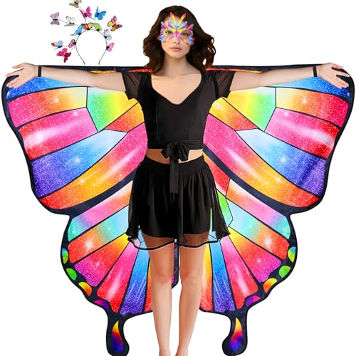 D.Q.Z Doppelseitiges Damen-Kostüm mit Schmetterlingsflügeln für Erwachsene, Feen-Festival, Verkleiden mit Stirnband, Halloween-Party (Regenbogen 1) von D.Q.Z