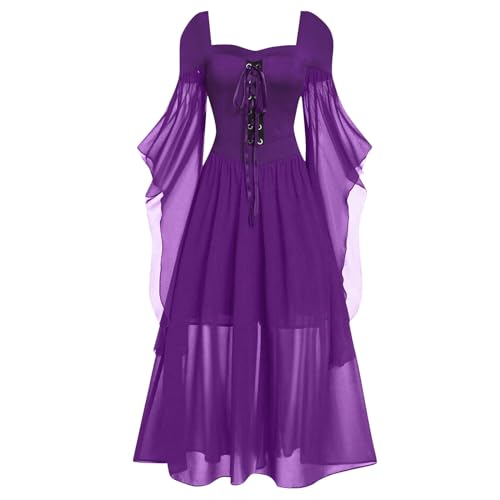 DABASHAN Halloween Kostüm Damen Mittelalter Kleider Renaissance Partykleid Gothic Kleider Schwarz Fledermausärmel Schulterfrei Minikleid für Halloween Karneval Cosplay (Purple #1, S) von DABASHAN