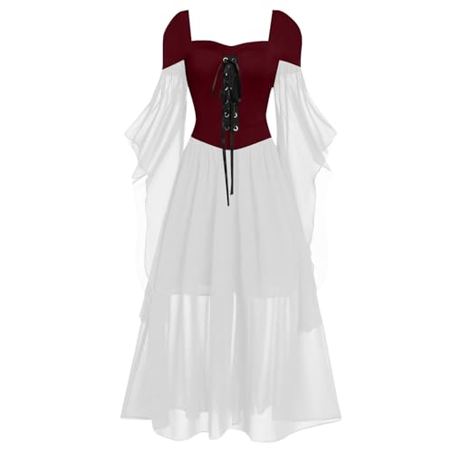 DABASHAN Halloween Kostüm Damen Mittelalter Kleider Renaissance Partykleid Gothic Kleider Schwarz Fledermausärmel Schulterfrei Minikleid für Halloween Karneval Cosplay (Red #1, M) von DABASHAN