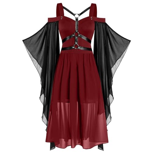 DABASHAN Halloween Kostüm Damen Mittelalter Kleider Renaissance Partykleid Gothic Kleider Schwarz Fledermausärmel Schulterfrei Minikleid für Halloween Karneval Cosplay (XXL) von DABASHAN