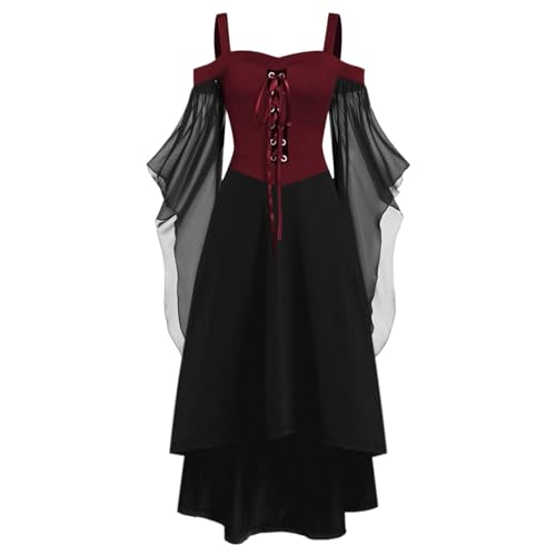 DABASHAN Halloween Kostüm Damen Mittelalter Kleider Renaissance Partykleid Gothic Kleider Schwarz Fledermausärmel Schulterfrei Minikleid für Halloween Karneval Cosplay (XXL) von DABASHAN