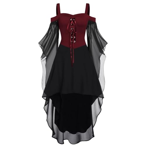 DABASHAN Halloween Kostüm Damen Mittelalter Kleider Renaissance Partykleid Gothic Kleider Schwarz Fledermausärmel Schulterfrei Minikleid für Halloween Karneval Cosplay (XXL) von DABASHAN