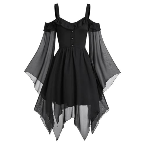 DABASHAN Halloween Kostüm Damen Mittelalter Kleider Renaissance Partykleid Gothic Kleider Schwarz Fledermausärmel Schulterfrei Minikleid für Halloween Karneval Cosplay (XXL) von DABASHAN