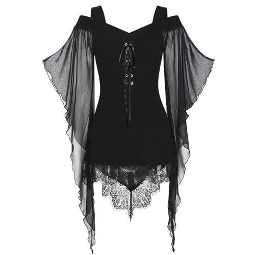 DABASHAN Halloween Kostüm Damen Mittelalter Kleider Renaissance Partykleid Gothic Kleider Schwarz Fledermausärmel Schulterfrei Minikleid für Halloween Karneval Cosplay (XXL) von DABASHAN