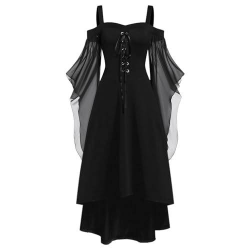 DABASHAN Halloween Kostüm Damen Mittelalter Kleider Renaissance Partykleid Gothic Kleider Schwarz Fledermausärmel Schulterfrei Minikleid für Halloween Karneval Cosplay (XXXXL) von DABASHAN